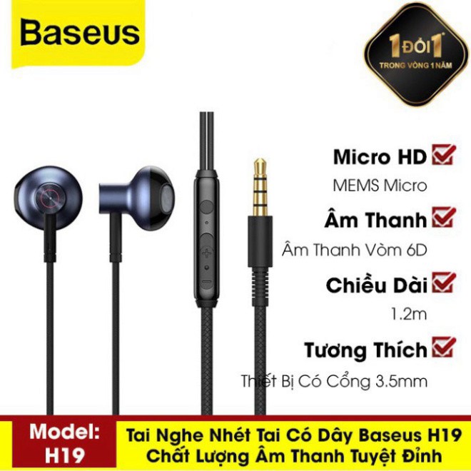 Tai nghe AUX 3.5mm Baseus Encok H19 Wired Earphone-Hàng Chính Hãng Baseus