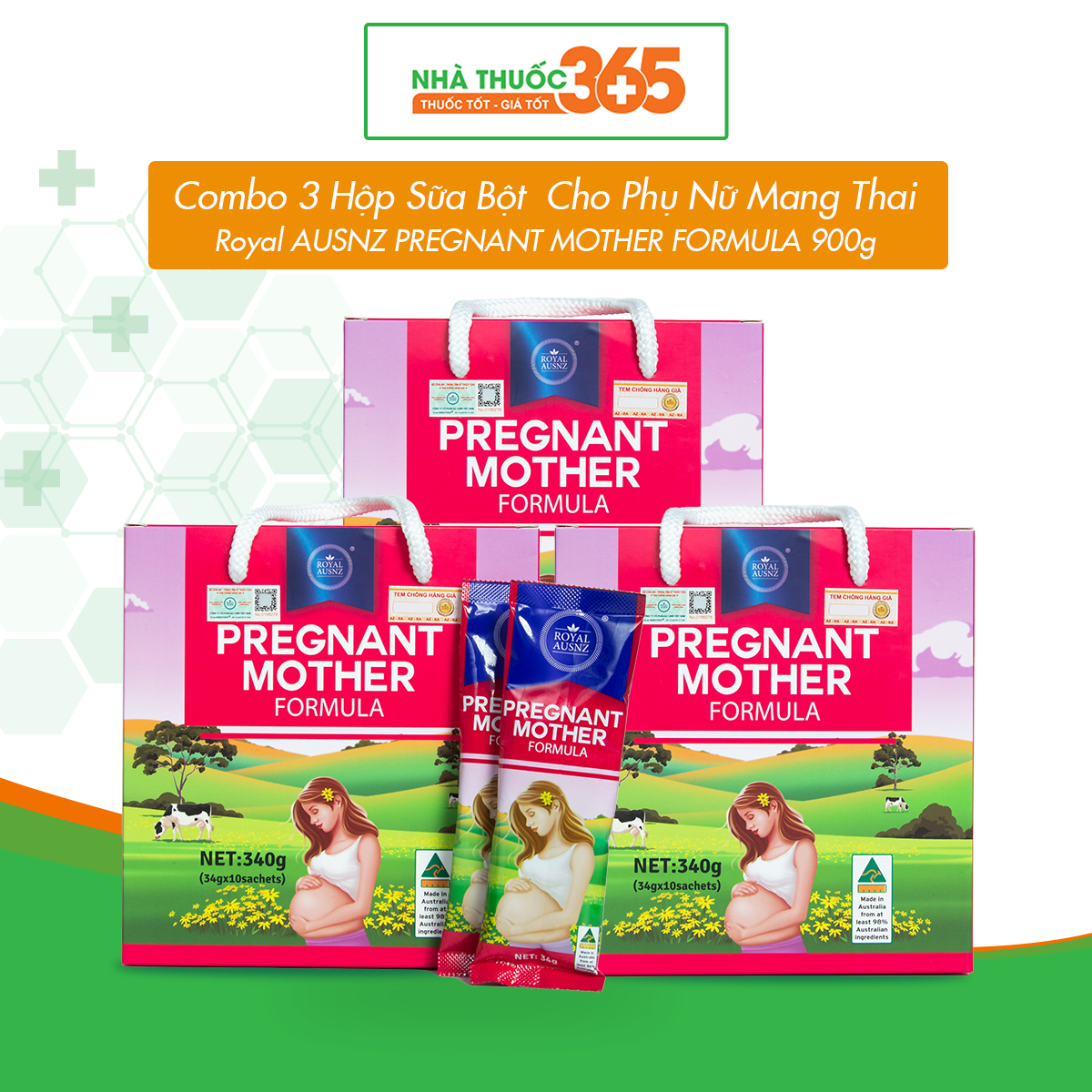 Combo 3 Hộp Sữa Bột Hoàng Gia Royal AUSNZ Pregnant Mother Formula Dành Cho Phụ Nữ Mang Thai (Hộp 10 Gói)