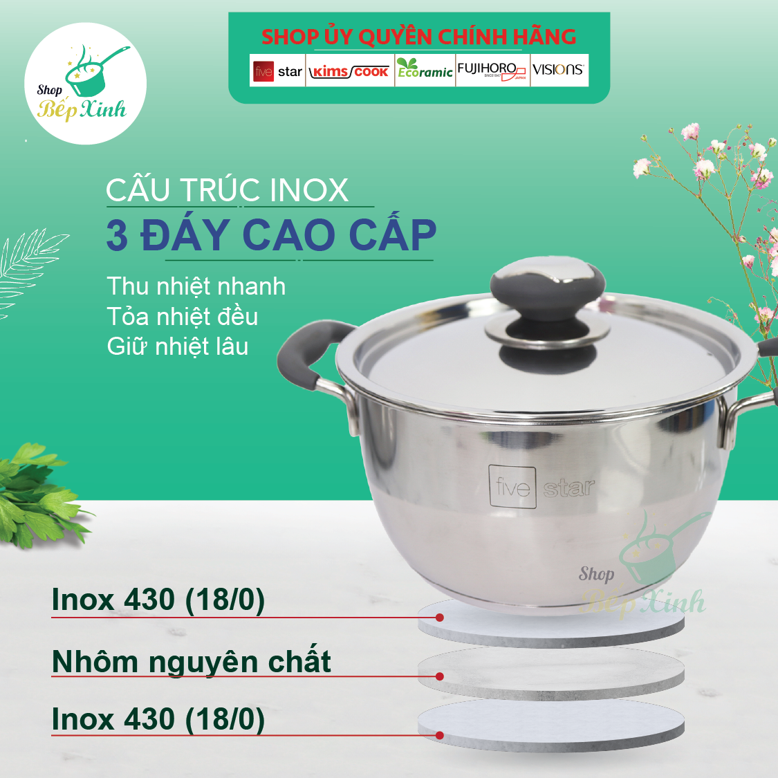 Nồi Inox Đáy Từ Fivestar Quai Silicon Tặng 5 Muỗng Inox - Bạc