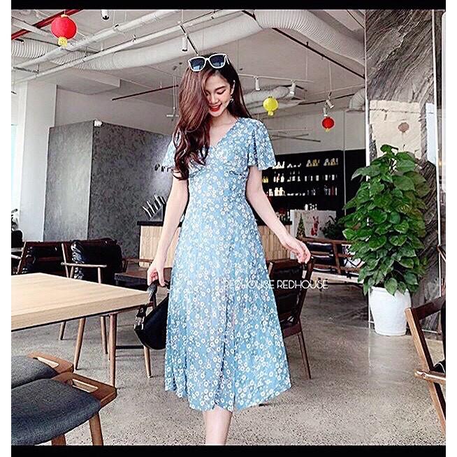 Váy đầm nữ dáng suông cổ V xẻ tà họa tiết hoa nhí chất lụa mềm mịn thoải mái khi mặc AM