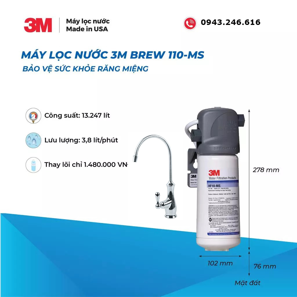 Máy lọc nước 3M brew 110ms kèm vòi - Hàng nhập khẩu Mỹ - Công suất cao, không điện