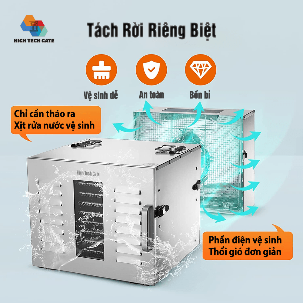 Máy sấy thực phẩm inox HTG-ST01 sấy khô hoa quả, trái cây, thịt cá rau củ, đa năng, 10 khay sấy inox 304, dung tích lớn, hàng chính hãng