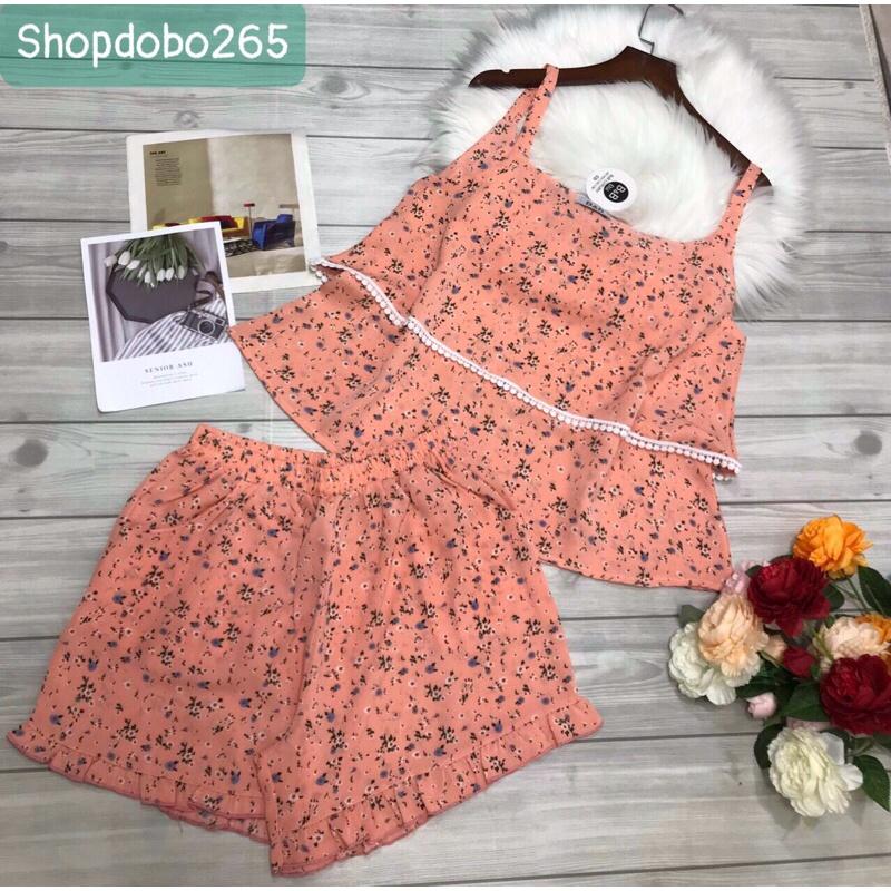 Bộ ngủ 2 dây,đồ ngủ mặc nhà đùi vải lụa mango BN 125 họa tiết siêu cưng size 47-60kg.