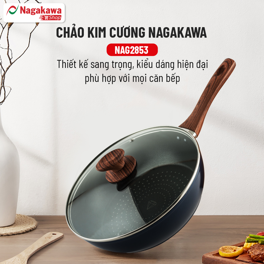 Chảo Sâu Lòng NAG2853 Đáy Từ 5 Lớp Chống Dính Vung Kính Siêu Bền Nagakawa  - Dùng Trên Mọi Loại Bếp - Hàng Chính Hãng