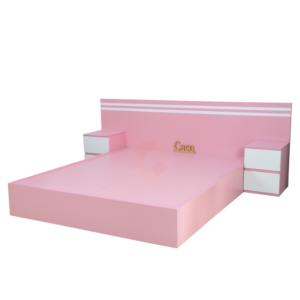 GIƯỜNG NGỦ GỖ MDF MELAMINE MÀU HỒNG KẾT HỢP HAI TỦ ĐẦU GIƯỜNG