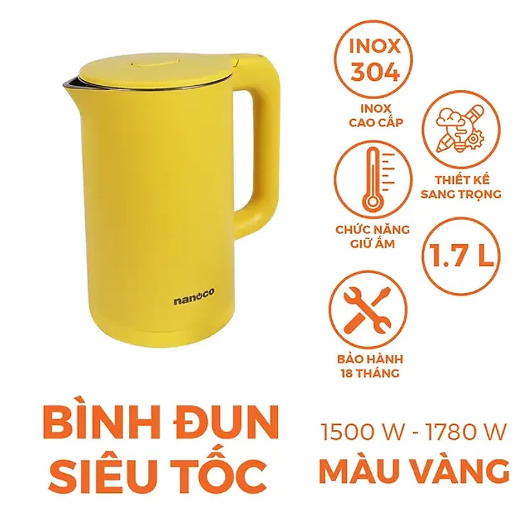 Bình đun siêu tốc Nanoco NKT1750Y Vàng - Hàng chính hãng - Chỉ giao HCM