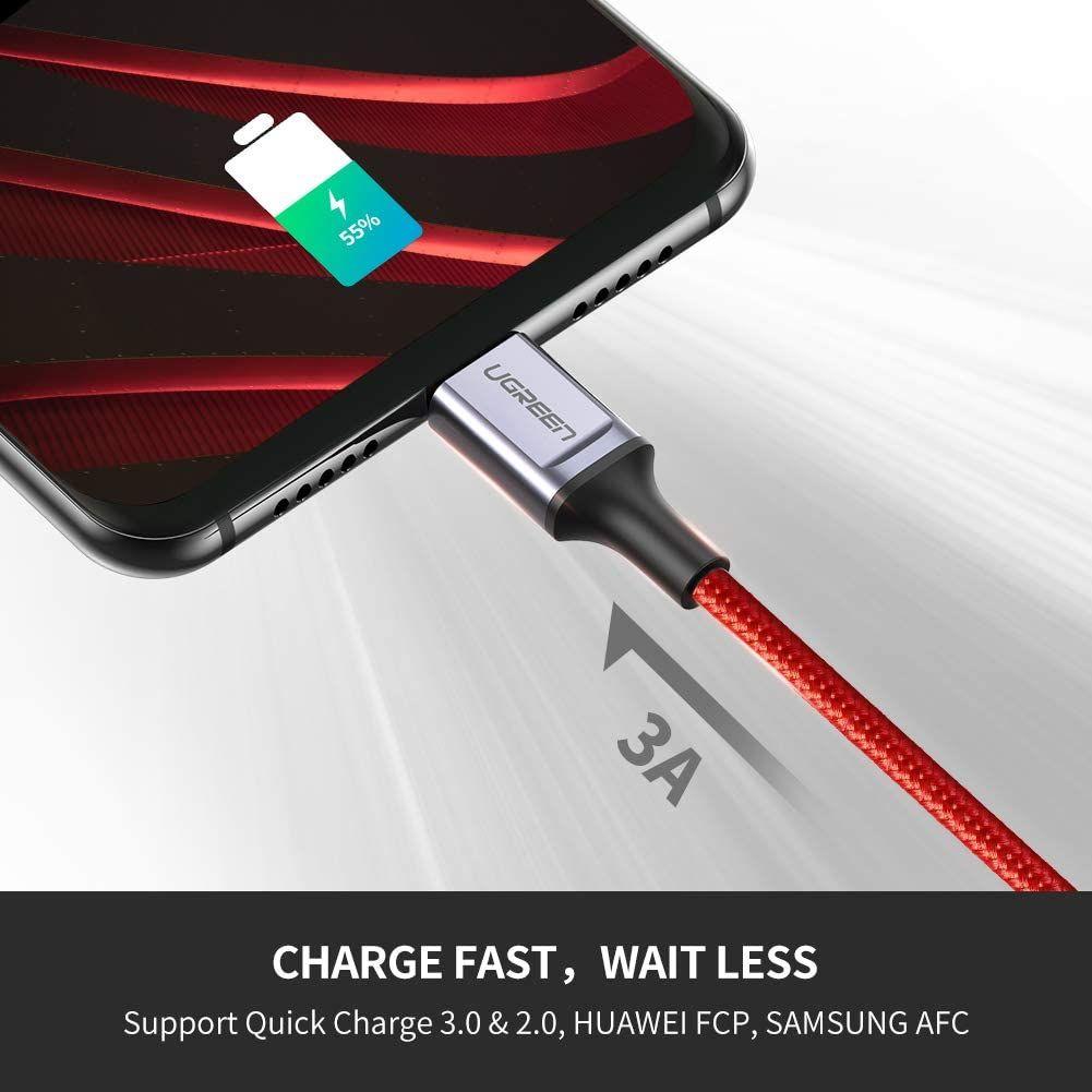 Ugreen UG70294US292TK 0.5M màu đỏ cáp USB A ra type C hỗ trợ sạc nhanh 50CM đầu bọc nhôm chống nhiễu - HÀNG CHÍNH HÃNG