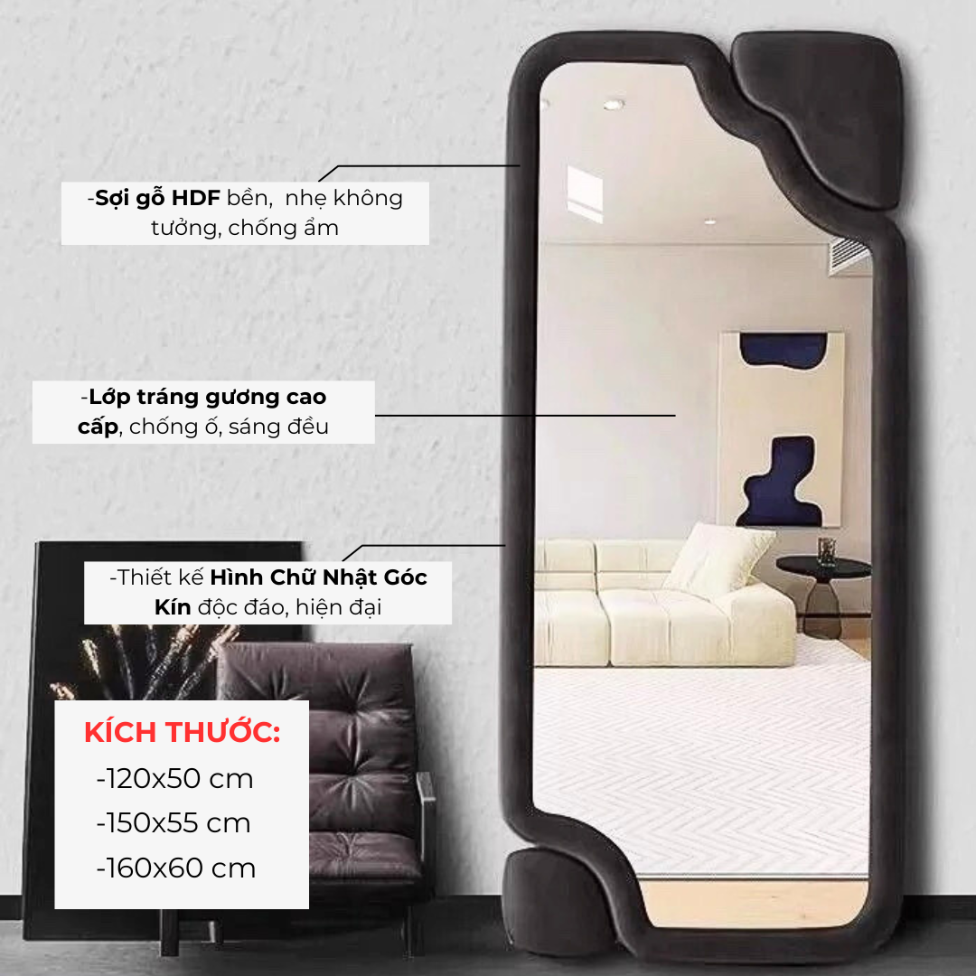 Gương Bọc Nỉ Toàn Thân Hình Chữ Nhật Kín Góc Việt Tuyến, Decor phòng khách, phòng ngủ, giá tận xưởng