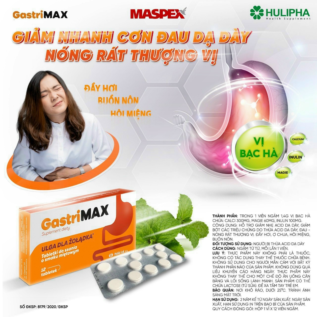 Viên ngậm Gastrimax hỗ trợ giảm nhẹ acid dạ dày, đầy hơi, ợ chua, buồn nôn - 1 vỉ x 12 viên ngậm