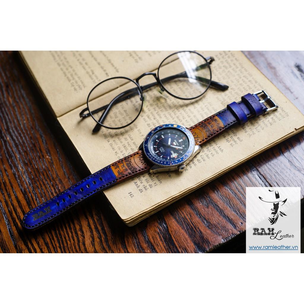 DÂY ĐỒNG HỒ TRỐNG ĐỒNG XANH NAVY - DA BÒ THẬT -ĐỦ SIZE 18,20,22,CASIO, APPLE WATCH -CHÍNH HÃNG RAM LEATHER