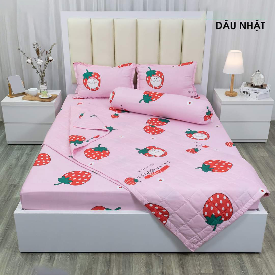 Mẫu Mới Bộ 5 Món Chăn Ga Gối Cotton Poly Dâu Nhật