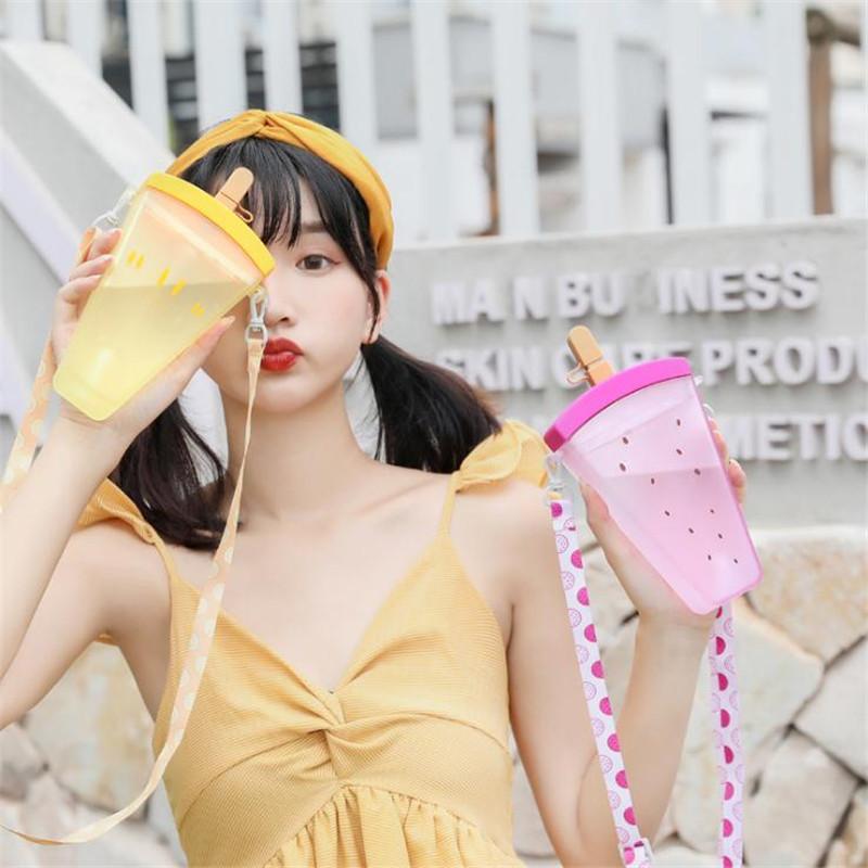 Mùa Hè Nhựa Ống Hút Popsicle Bình Nước Dễ Thương Kem Nước Di Động Trẻ Em Bình Nước Cho Bé Gái Với Dây Đeo Ống Hút