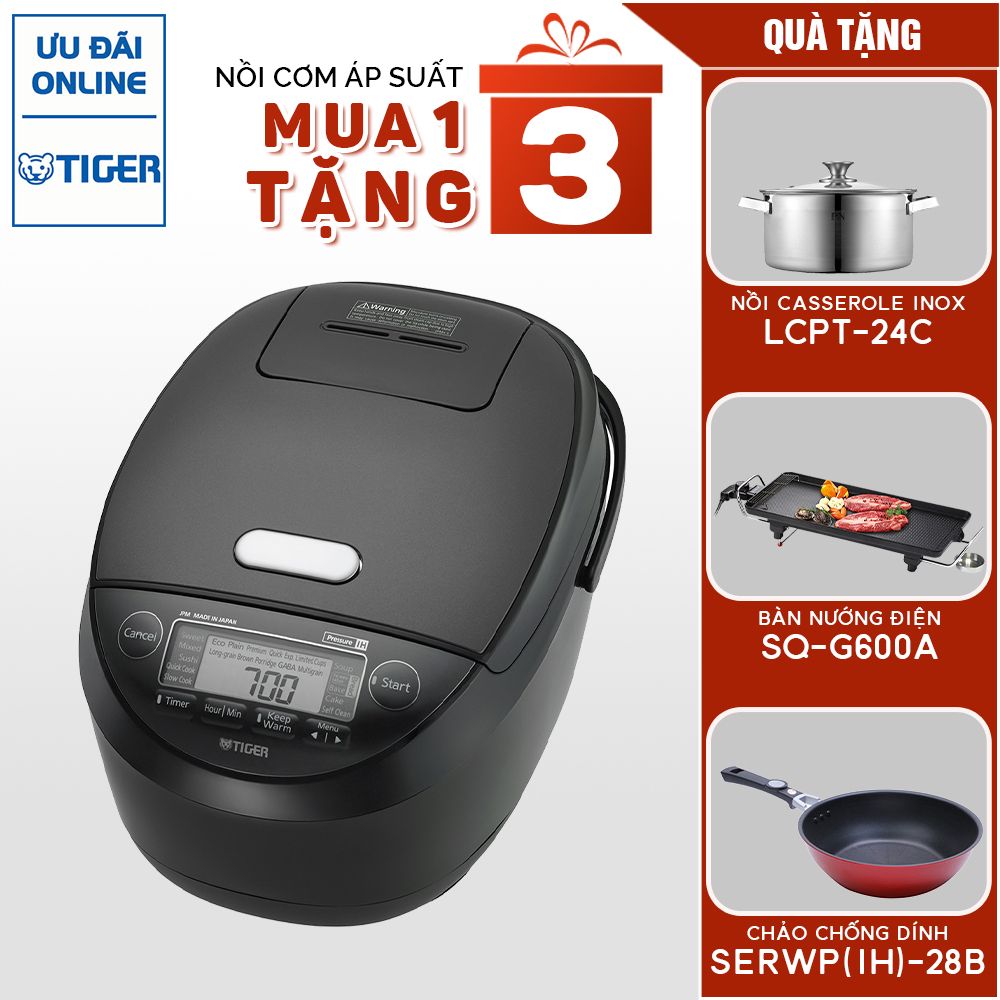 Nồi cơm điện Tiger JPM-H18V Tặng Nồi Inox LCPT-24C + 1 Chảo nhôm SERWP-28B và 1 Bàn nướng điện SQ-G600A - Hàng Chính Hãng