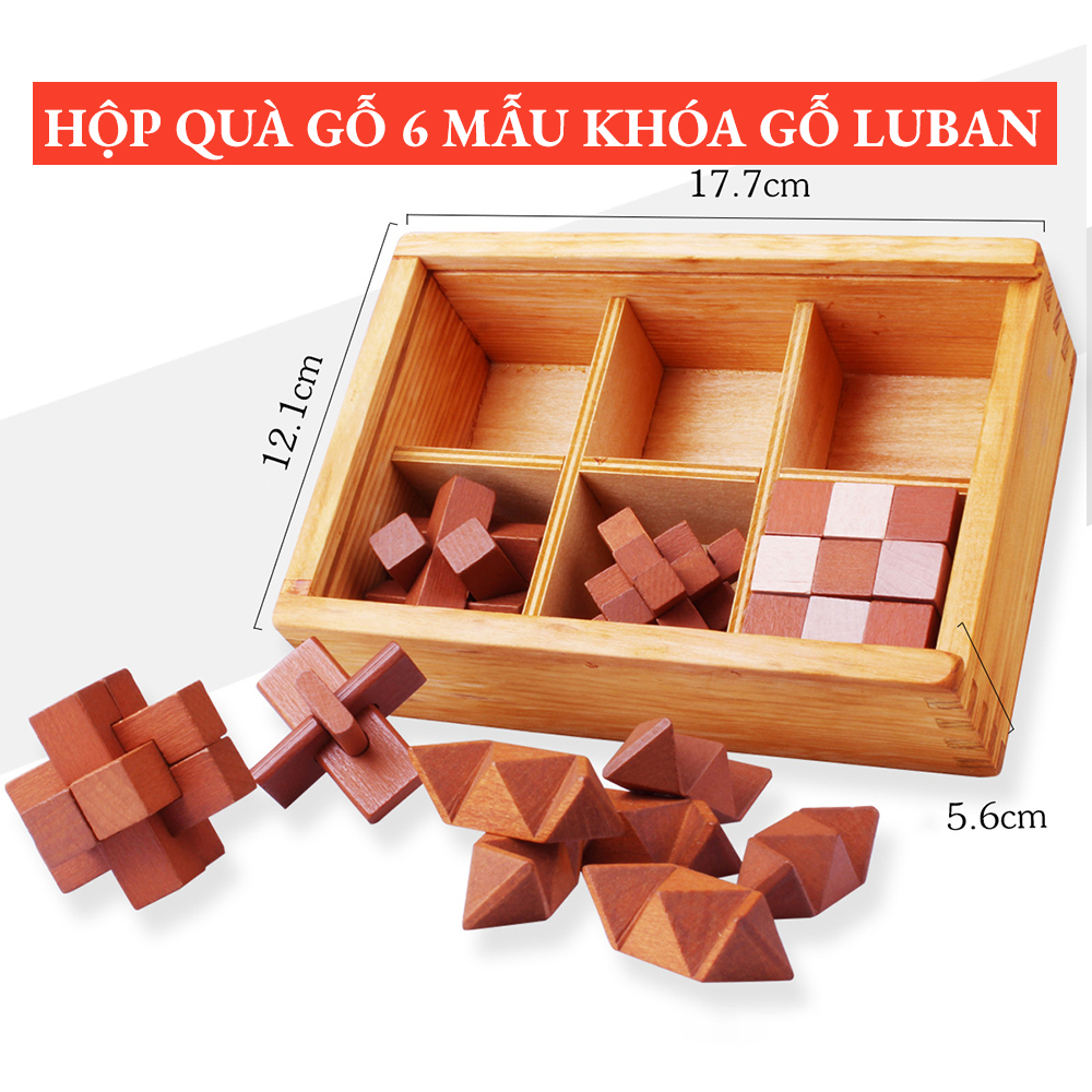 Set quà tặng 6 khóa gỗ Luban hộp gỗ giải đố phát triển trí thông minh rèn luyện tư duy logic và giải quyết vấn đề