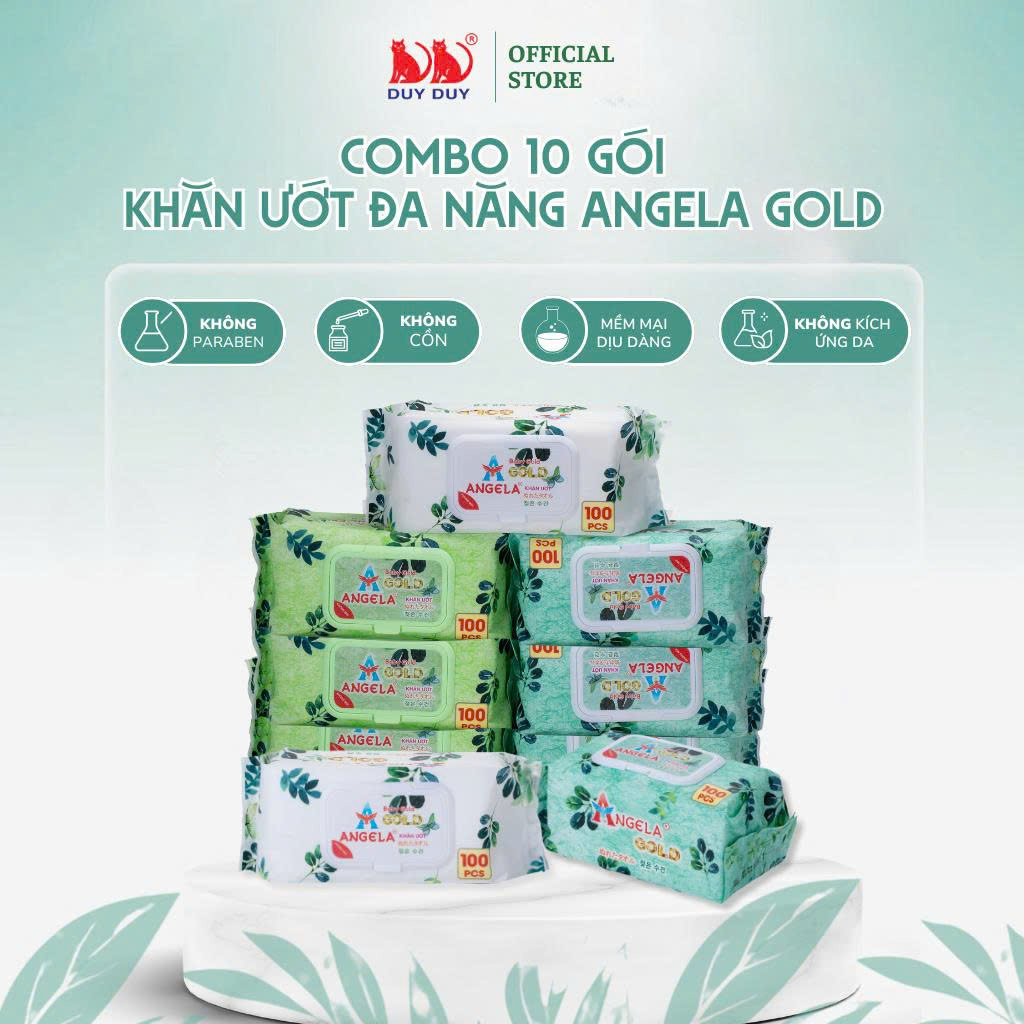 Combo 10 Gói  Khăn ướt đa năng cho bé Baby Angela Gold vải không dệt rayon cao cấp 100 miếng (18x20cm)