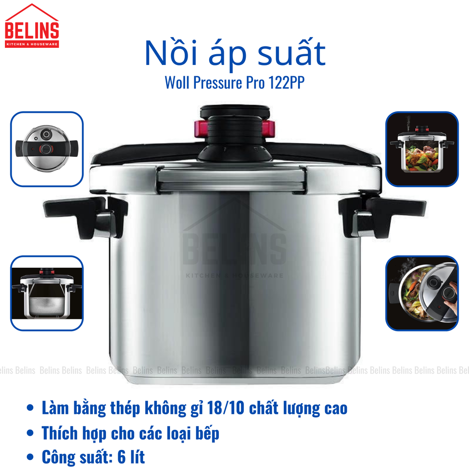 Nồi Áp Suất Đa Năng Woll Pressure Pro 122PP, 22cm, 6L, Dẫn Nhiệt Tốt, Tiết Kiệm Điện, Dùng Cho Mọi Loại Bếp, Nhập Đức