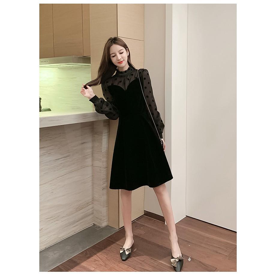 Váy cho con bú, chất liệu nhung phối tay sang chảnh