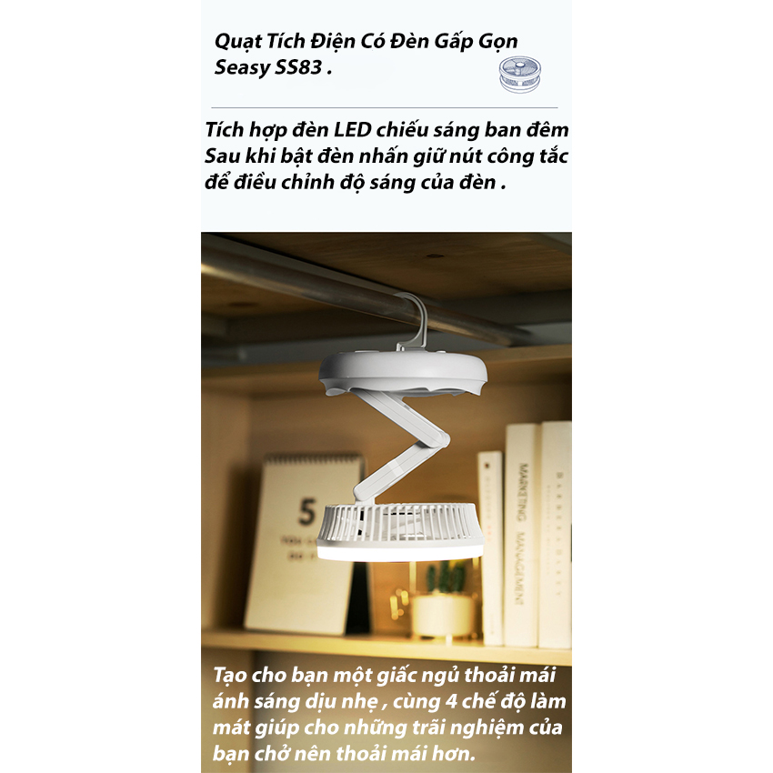 Quạt tích điện mini Đa Năng SeaSy SS83 có đèn Led hỗ trợ Livestream, có thể gấp gọn để bàn hoặc gắn treo tường có 4 mức gió xoay 300 độ - Hàng Chính Hãng