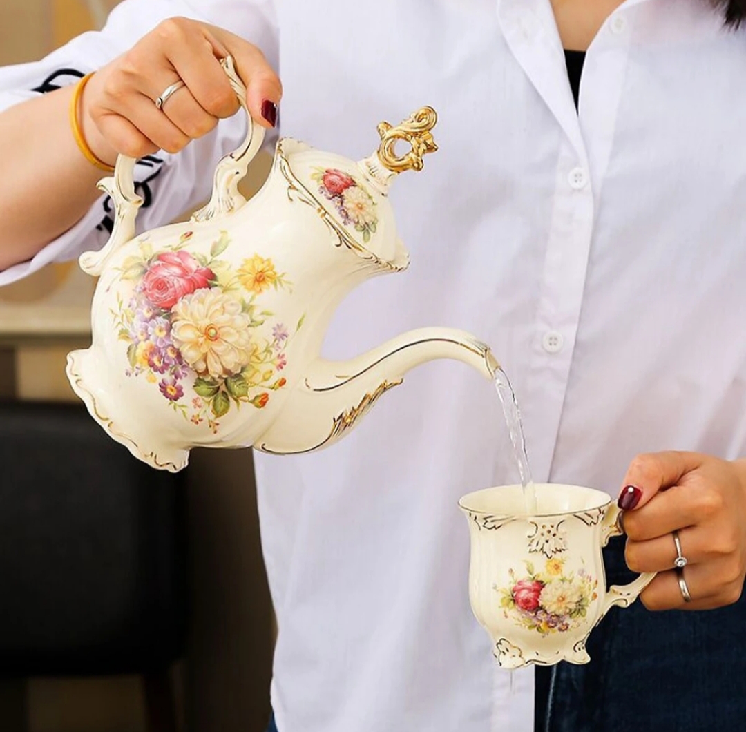Bộ ấm chén trà kèm khay họa tiết hoa mẫu đơn