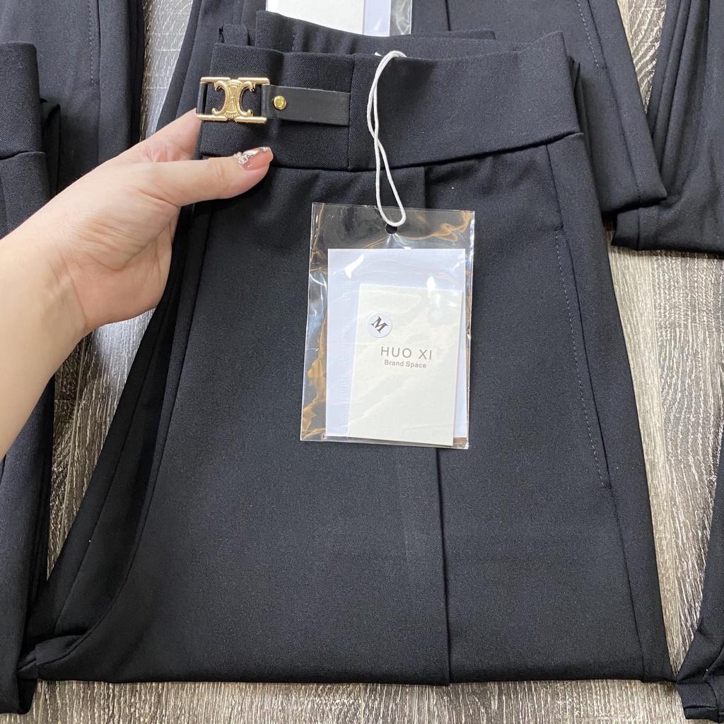 Quần baggy nữ cạp cao vải umi co dãn đai da công sở đi chơi lệ chuẩn form đứng quần màu đen