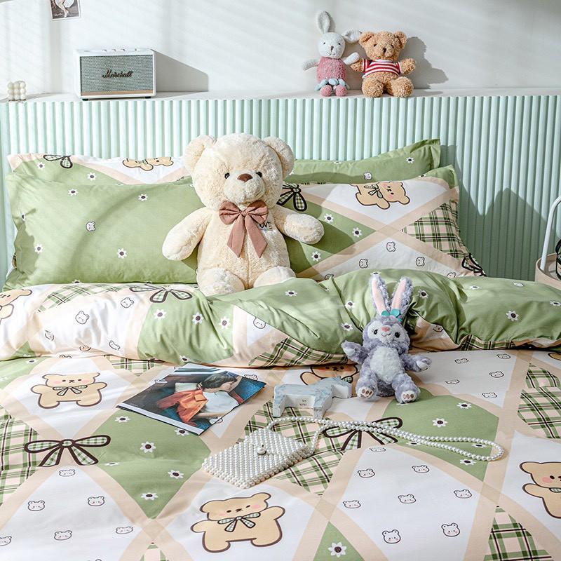 Bộ chăn ga gối Cotton poly M2T bedding Gấu nơ xanh lá, vỏ chăn mền, drap nệm và 2 vỏ gối