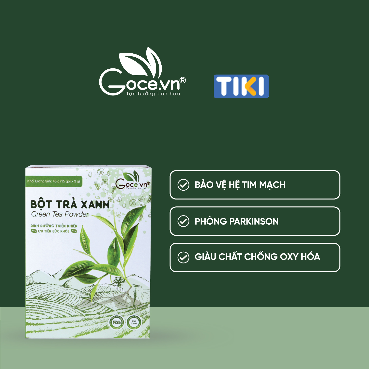 Hình ảnh Bột trà xanh nguyên chất Goce - 45g (15 gói x 3g) ST