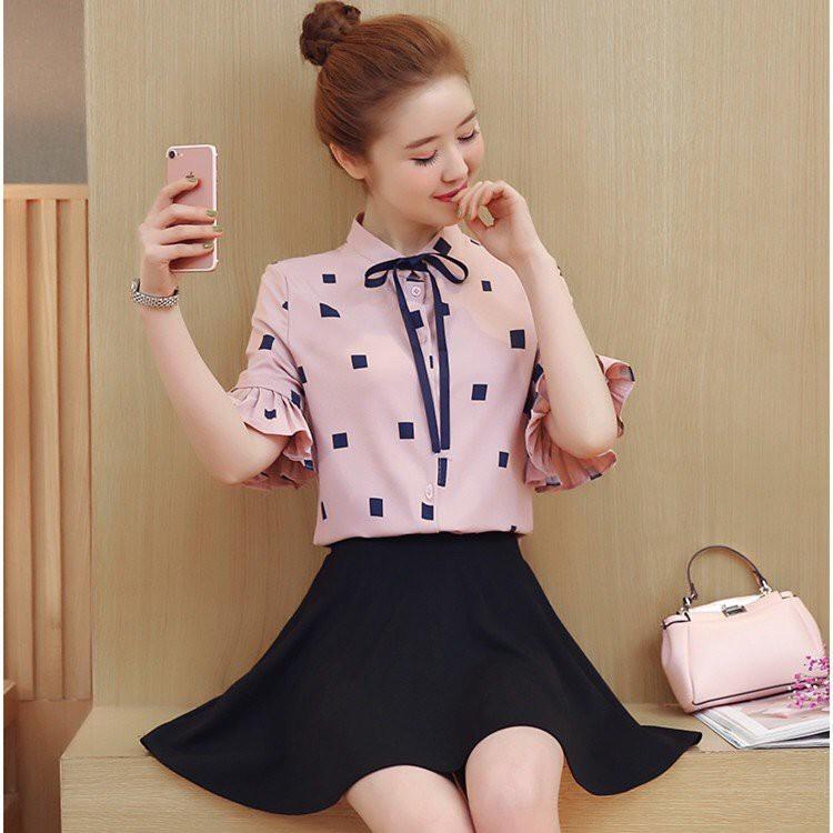 Áo sơ mi nữ cổ trụ nơ xinh xắn tay lỡ -áo sơ mi nữ tay điệu