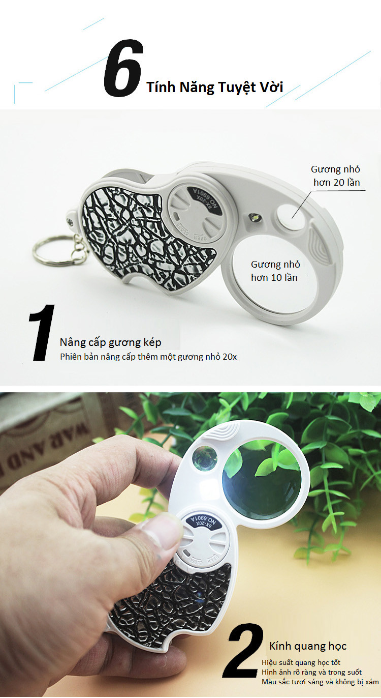 Kính lúp mini cầm tay 8x-20x soi tem, trang sức siêu nét có đèn trợ sáng cao cấp