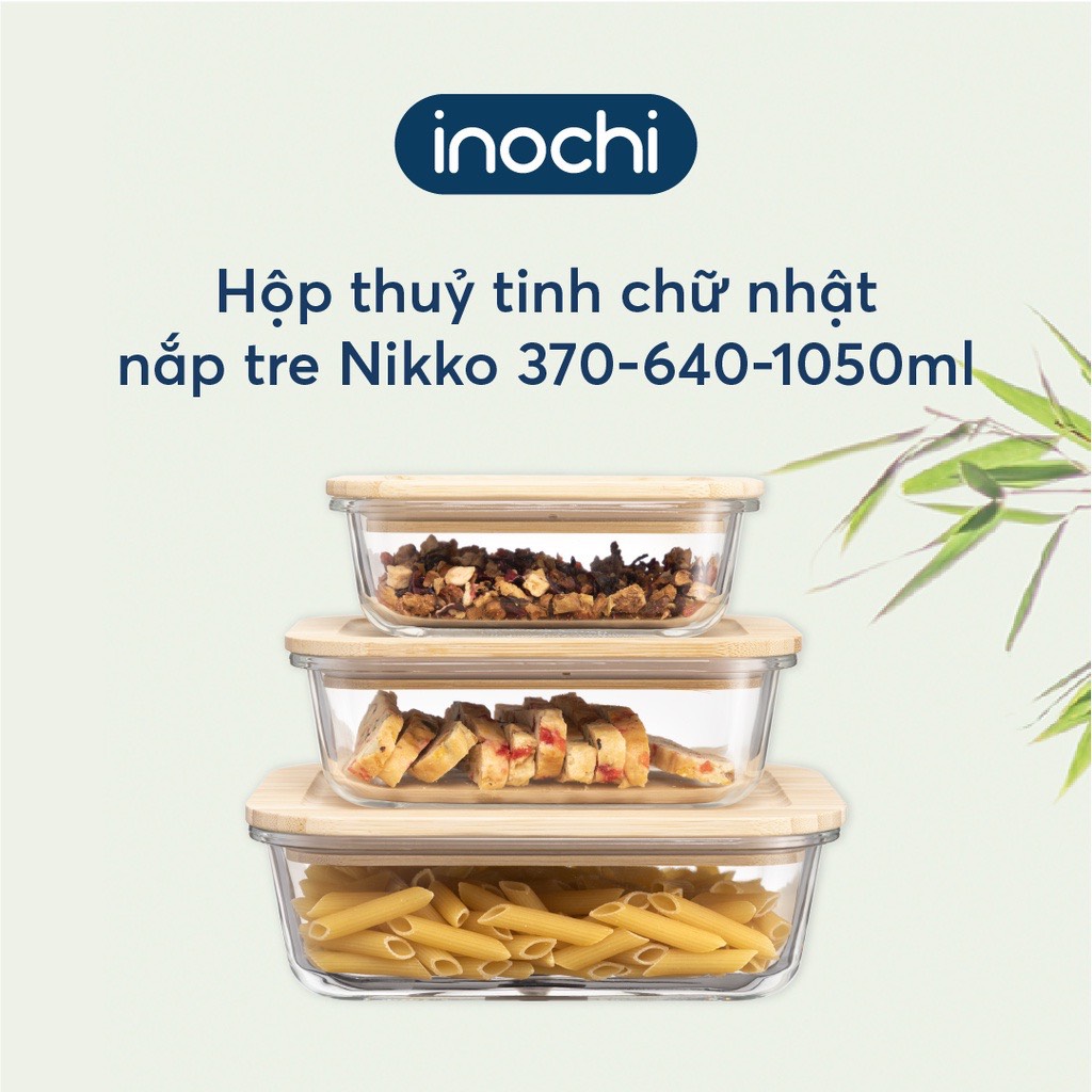 Hộp thuỷ tinh chữ nhật nắp tre Nikko 370ml - 640ml - 1050ml