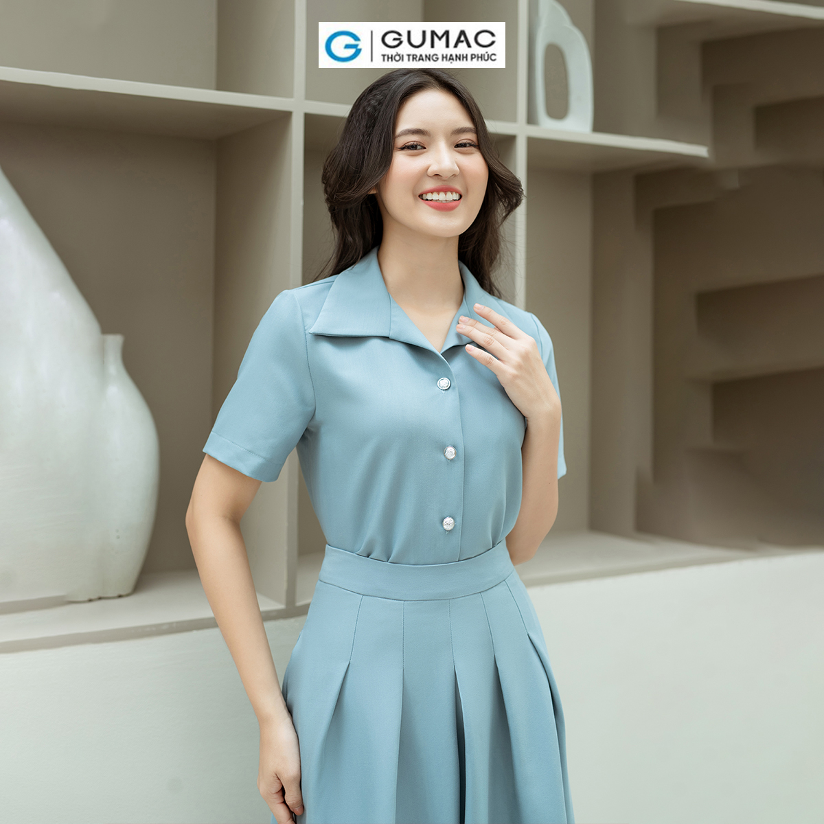 Set lẻ Áo kiểu tay ngắn GUMAC AD08028 - Chân váy A xếp ly GUMAC VD08037