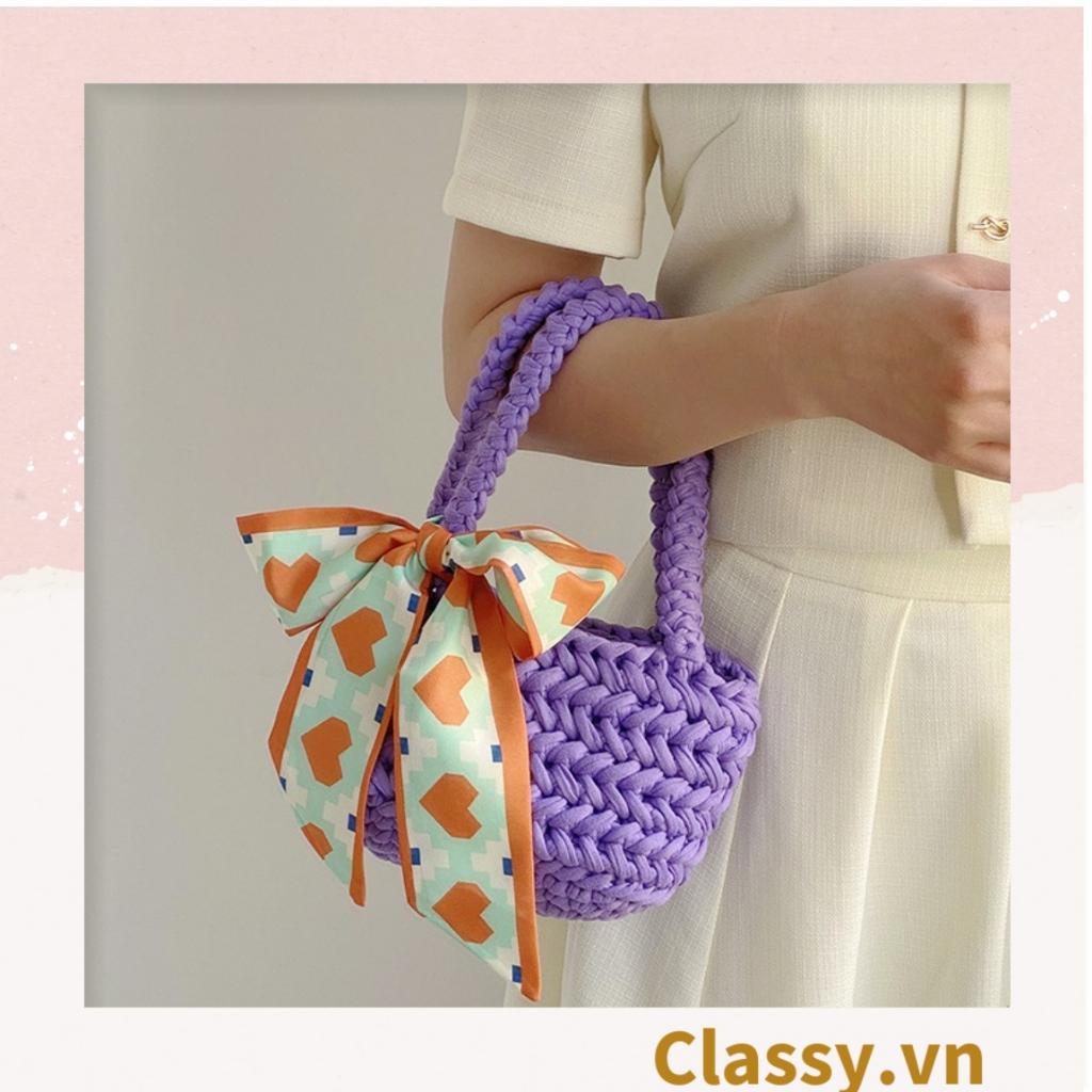 Túi làm từ sợi len nhiều màu pastel Classy, quai xách chắc chắn có đính kèm nơ thời trang T1240