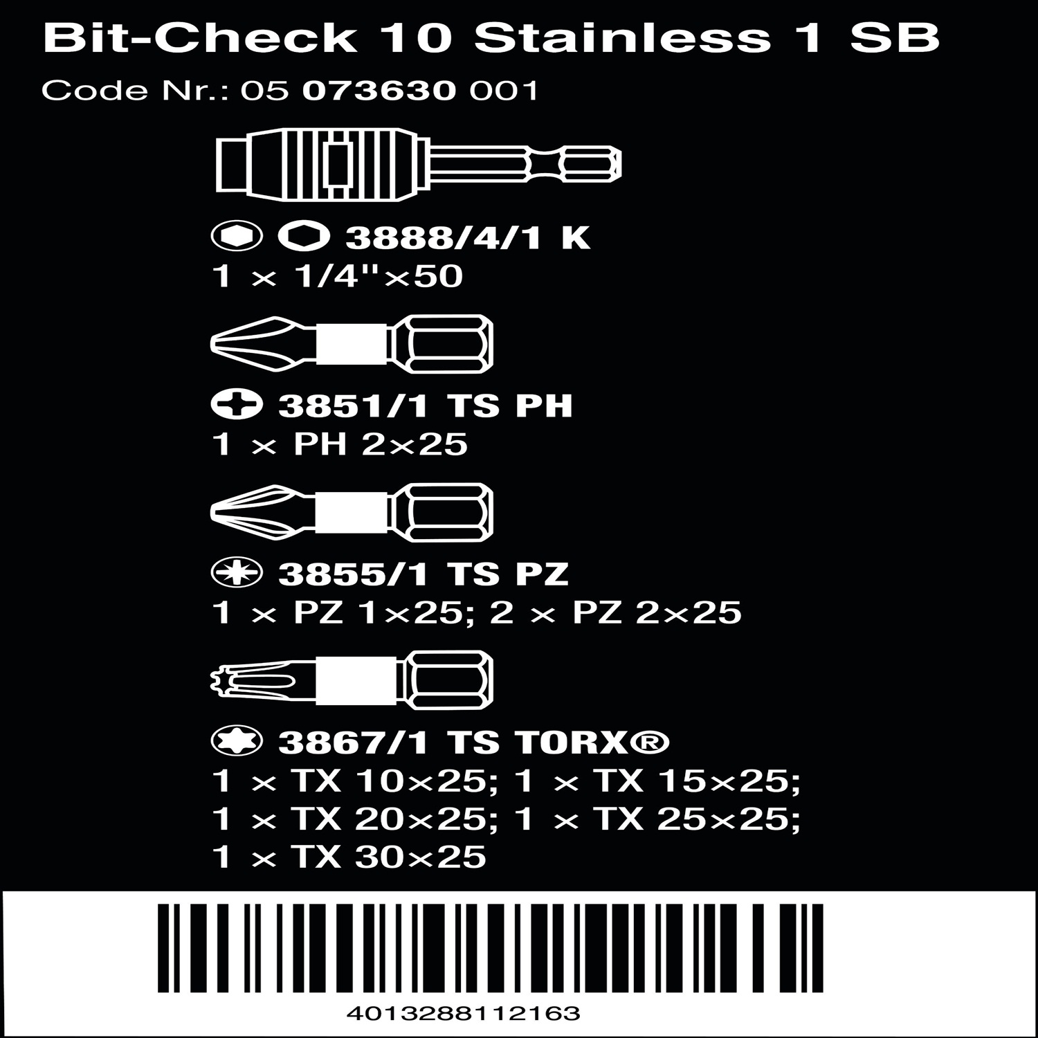 Bộ đầu vít thép không gỉ Bit-Check 10 Stainless 1 SB Wera 05073630001