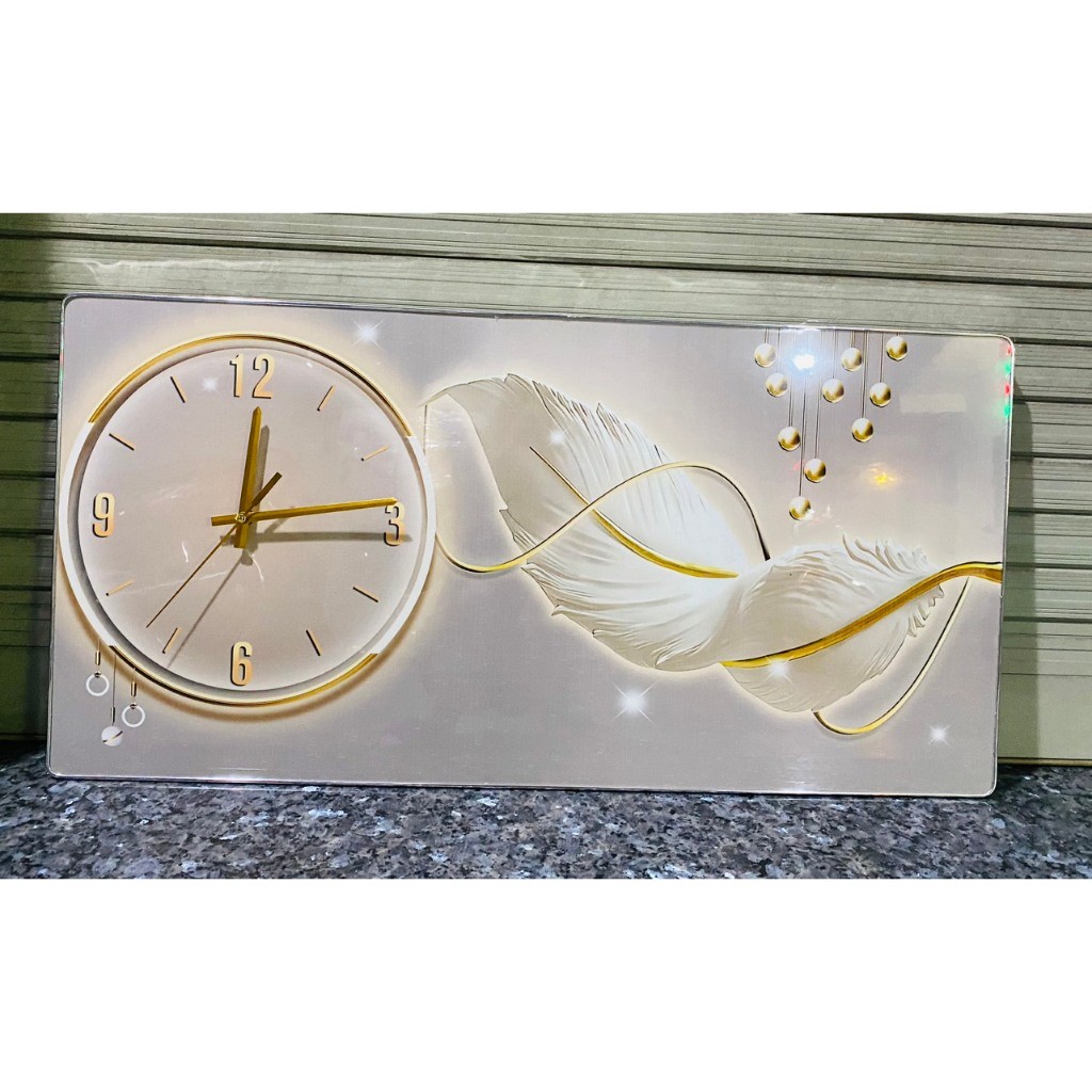 (HCM)Tranh đồng hồ tráng gương chiếc lông vũ tranh ngang trang trí decor phòng có kèm pin và đinh