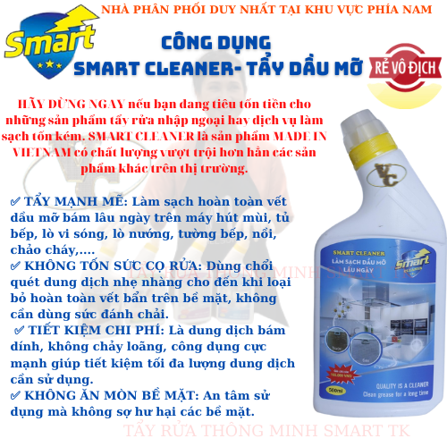 Bộ sản phẩm tẩy rửa gia đình thông minh Smart (500ml) : Smart TC (tẩy inox) - Smart TK (tẩy kính) - Smart TS (tẩy sứ) - Smart Cleaner (tẩy dầu mỡ) .Hàng chính hãng phân phối độc quyền tại khu vực miền nam