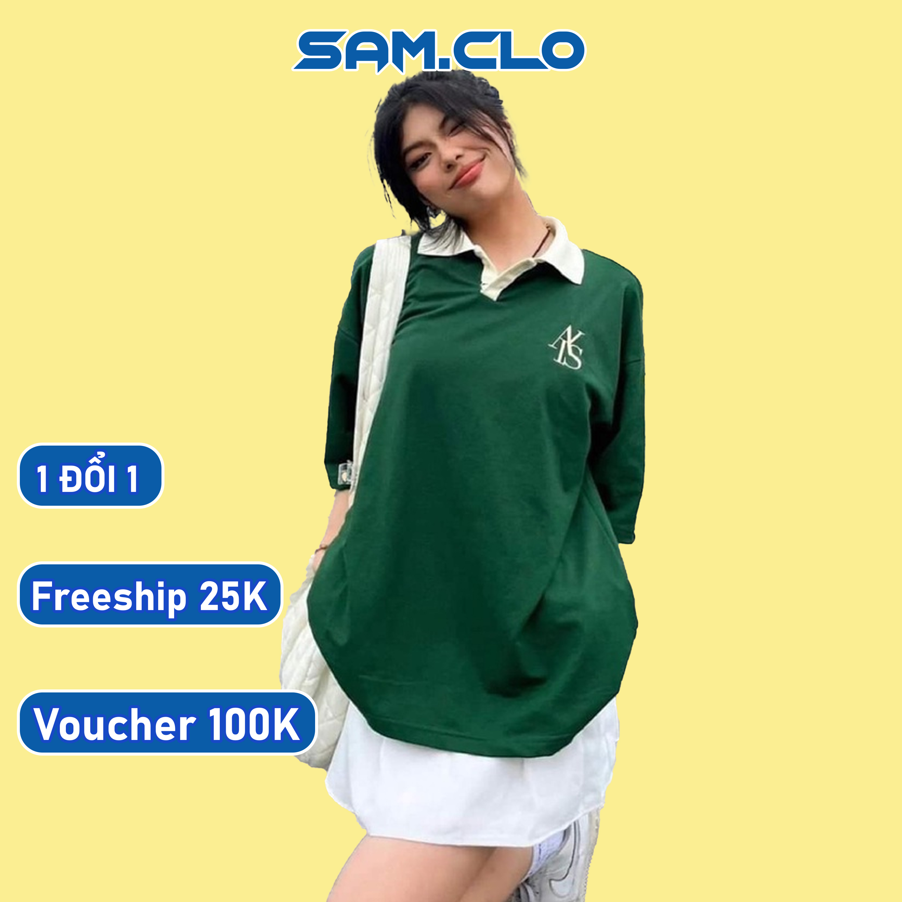 ÁO POLO tay lỡ nữ SAM CLO có cổ thun form rộng phông freesize dáng unisex mặc cặp, nhóm, lớp, đi học in CHỮ NLS