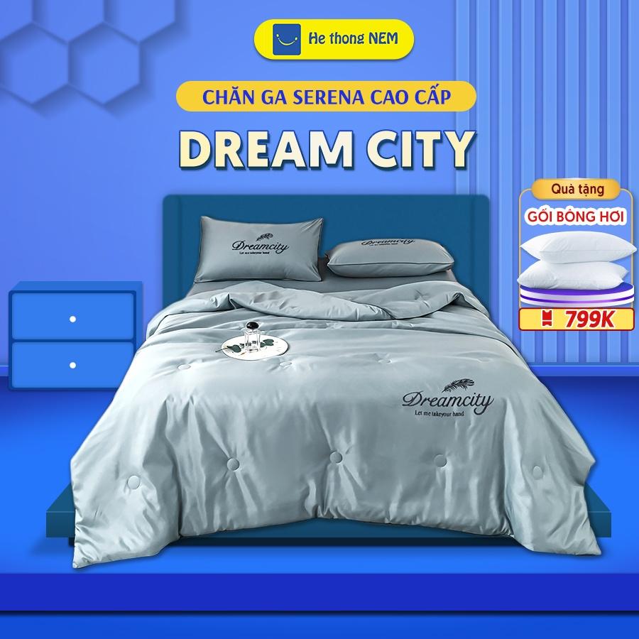 Ga Trải Giường 5 Món Phi Lụa Cotton SERENA Cao Cấp Dream City Vỏ Chăn Grap Drap Trải Phủ Bọc Giường Kèm Gối
