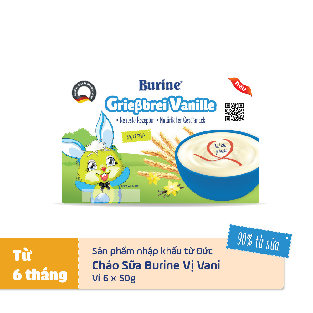 Cháo sữa ăn dặm Burine Vị Vani - Dành cho trẻ từ 6 tháng tuổi (vỉ 6 hũ x 50g)