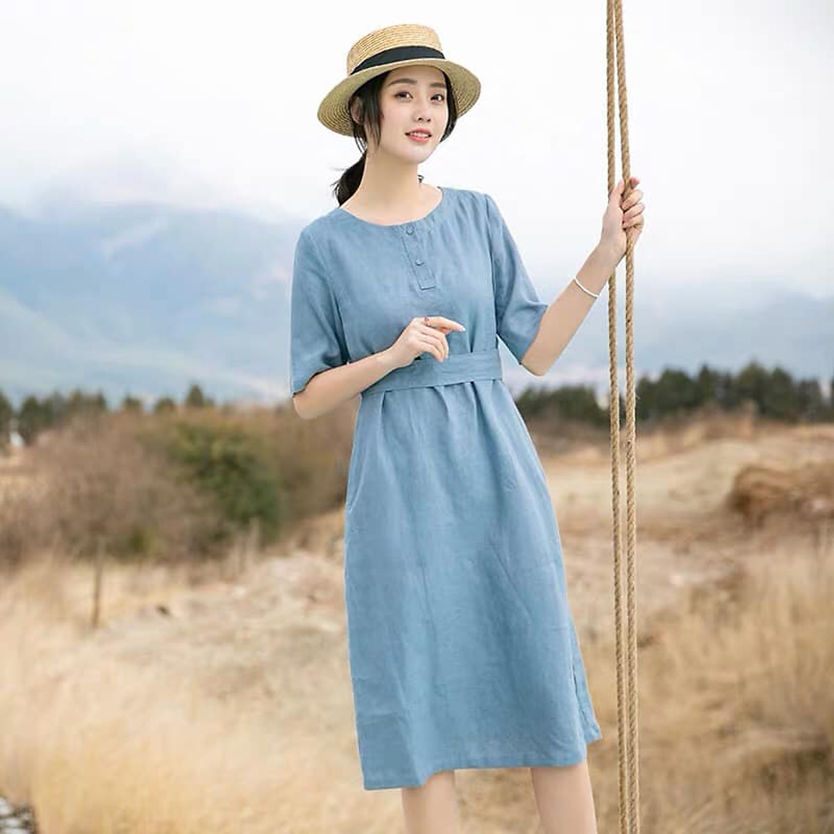 Đầm suông Linen thô Hàn cổ tròn tay lỡ đai rời ArcticHunter, chất vải Linen Hàn mềm mát - Xanh dương