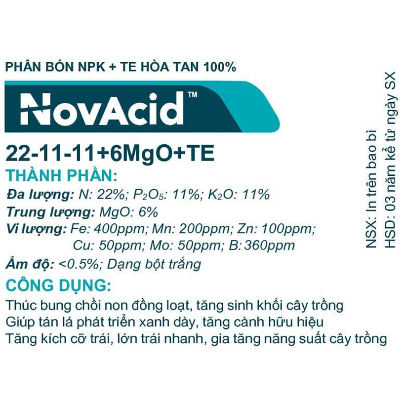 Phân bón hòa tan Israel NPK NovAcid 22-11-11+6MgO+Te giúp thúc cây bung chồi non đồng loạt, tăng kích cở trái thông qua hệ thống tưới nhỏ giọt bón gốc hay phun lên lá 