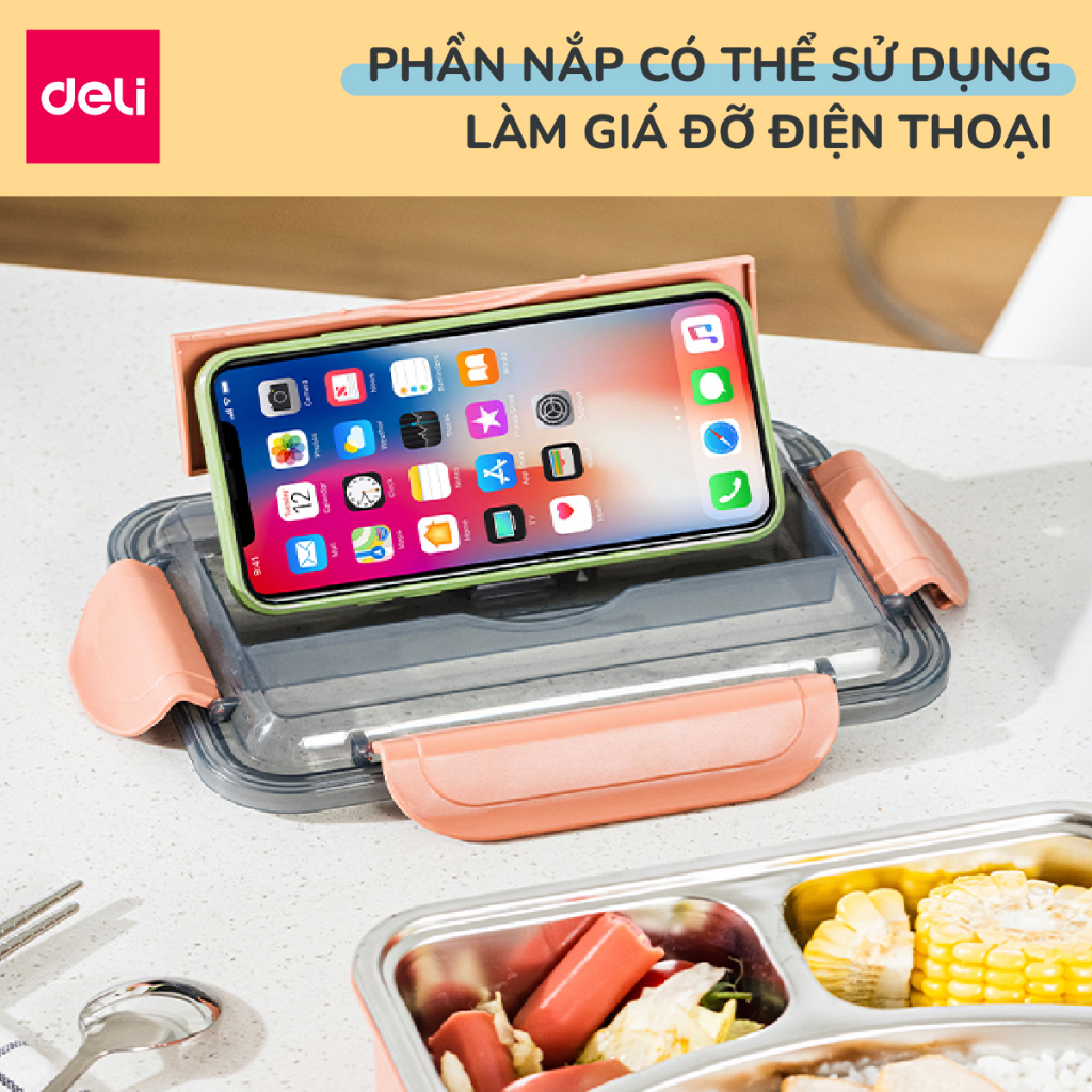 Hộp Đựng Cơm Inox Giữ Nhiệt Deli- An Toàn Khi Sử Dụng Lò Vi Sóng Chống Tràn Đa Chức Năng Giá Đỡ Điện Thoại