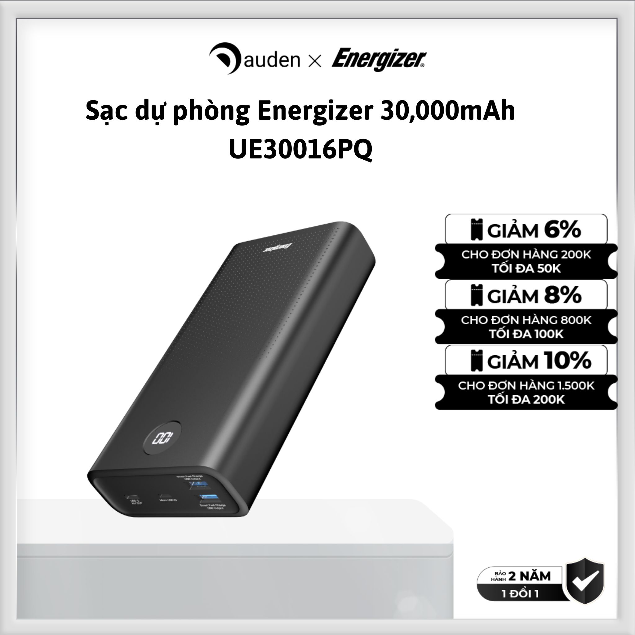 Sạc dự phòng Energizer 30,000mAh UE30016PQ, hỗ trợ sạc nhanh 20W đa nền tảng - Hàng chính hãng bảo hành 1 đổi 1 2 năm