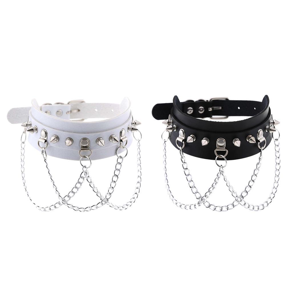 2Pcs Goth Pu Leather Choker Collar Women Men Studs Chains Necklace Rock Jewelry