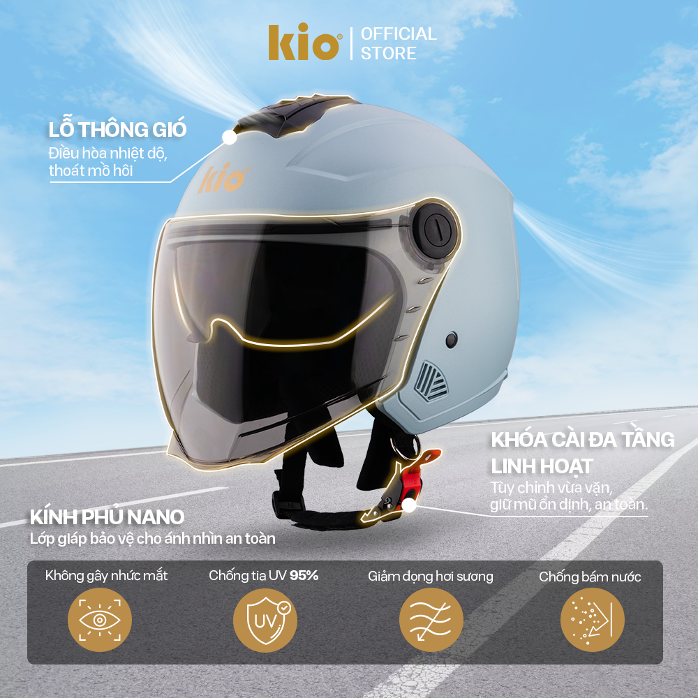 Mũ Bảo Hiểm 3/4 Kio SafeStyle Metro KN11K, 2 Kính Phủ Nano Chống Tia UV, Lót Kháng Khuẩn Tháo Rời - Xám xi măng (bóng)