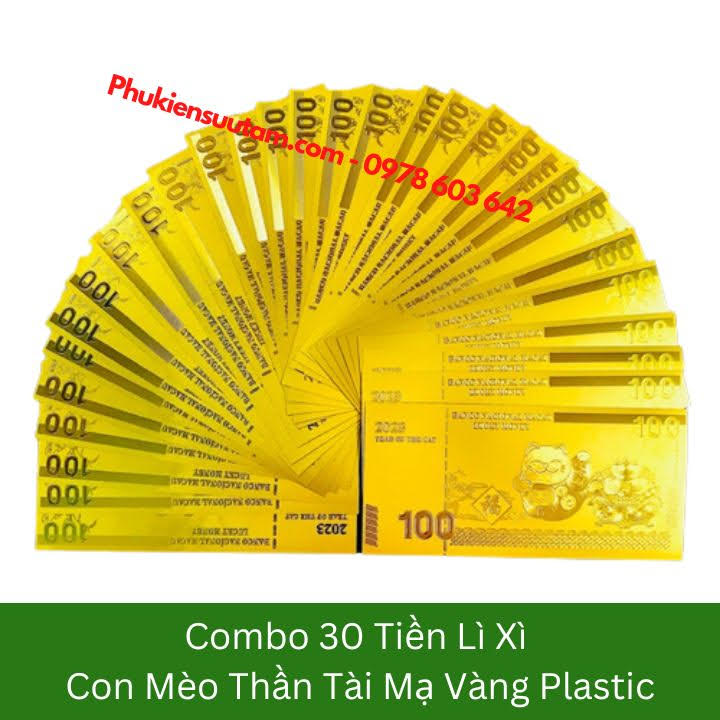 Combo 30 Tờ Lì Xì Con Mèo Thần Tài Mạ Vàng Plastic, kích thước: 15.5cmx7.5cm, màu vàng - SP005907