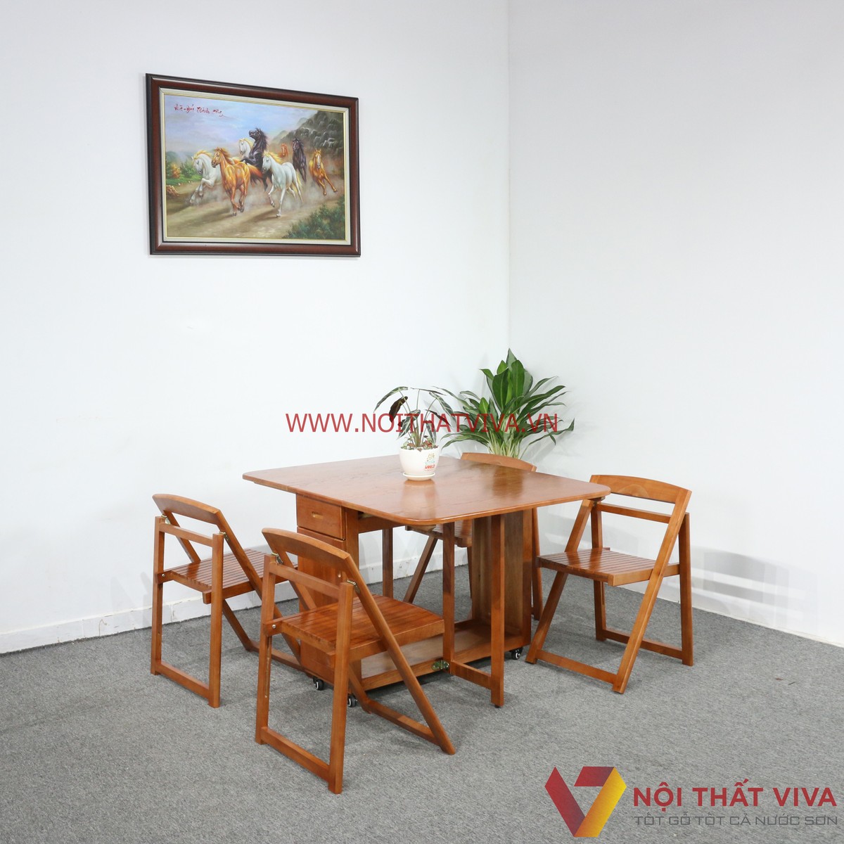 Bàn Ăn Thông Minh Xếp Gọn Gỗ Sồi Màu Cánh Gián Tự Nhiên 4 Ghế Gọn Đẹp