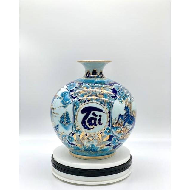 Bình hút tài lộc vẽ vàng kim nhị cảnh”Mã đáo thành công- Thuận buồm xuôi gió”. Gốm sứ Bát Tràng cao cấp.