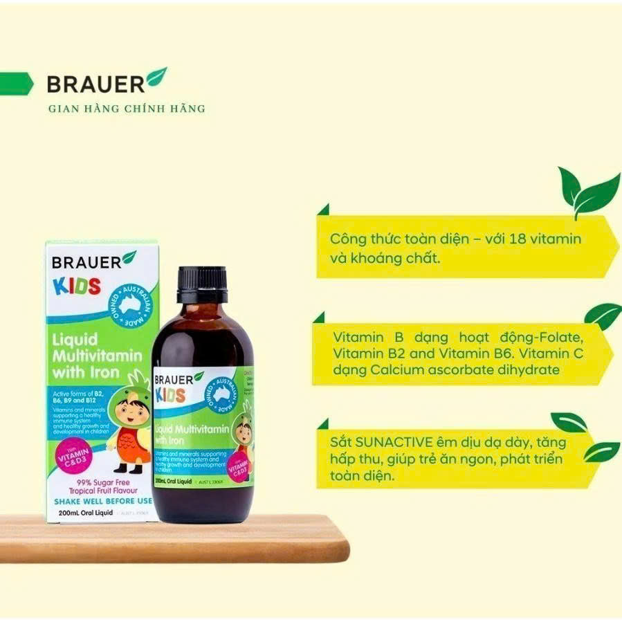 Siro Brauer Vitamin bổ sung sắt &amp; Hỗ trợ phát triển toàn diện cho trẻ từ 3 tuổi 200ml