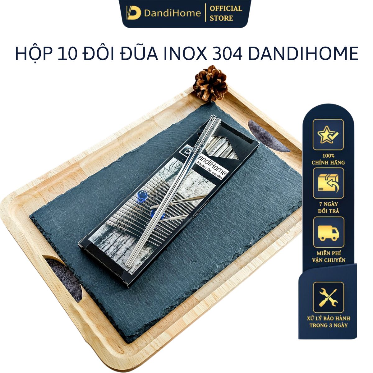 Bộ 10 đôi đũa inox 304 - 316 DandiHome 2020 chống trơn trượt, sang trọng, tinh tế