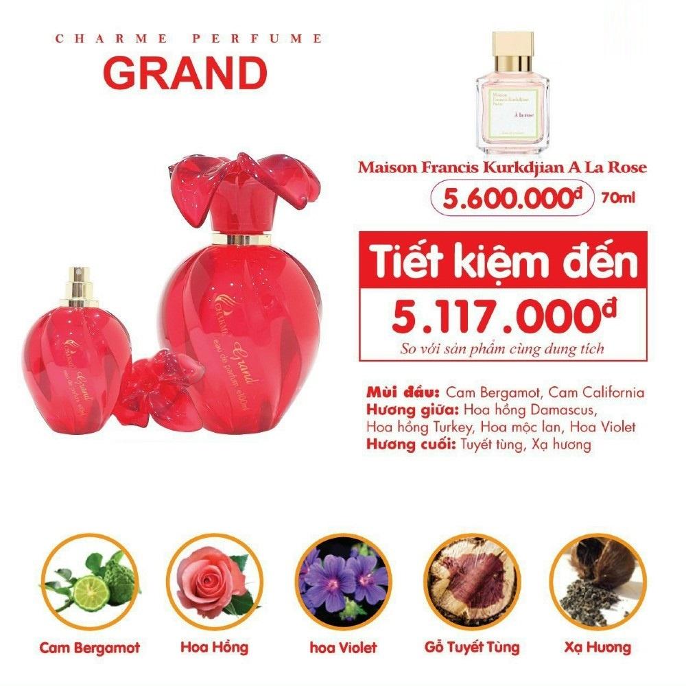 Nước hoa nữ cao cấp, Charme Grand, lưu hương lâu, hương hoa cỏ nhẹ nhàng, nữ tính, 100ml