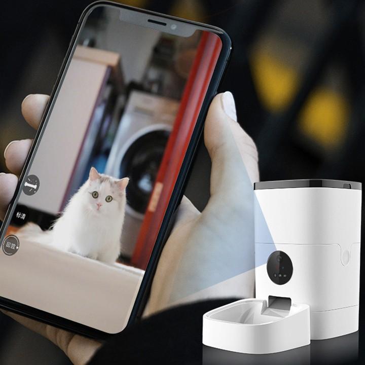 Máy cho mèo ăn tự động có camera kết nối wifi, máy nhả hạt tự động cho thú cưng 2 dung tích 4L, 6L và có camera